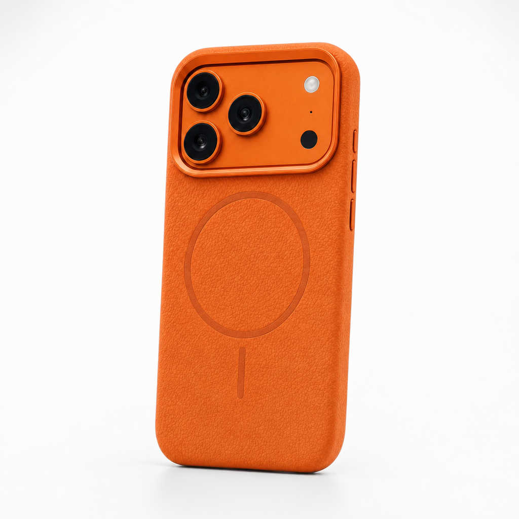 Leren iPhone-hoesje met olifantenprint in oranje