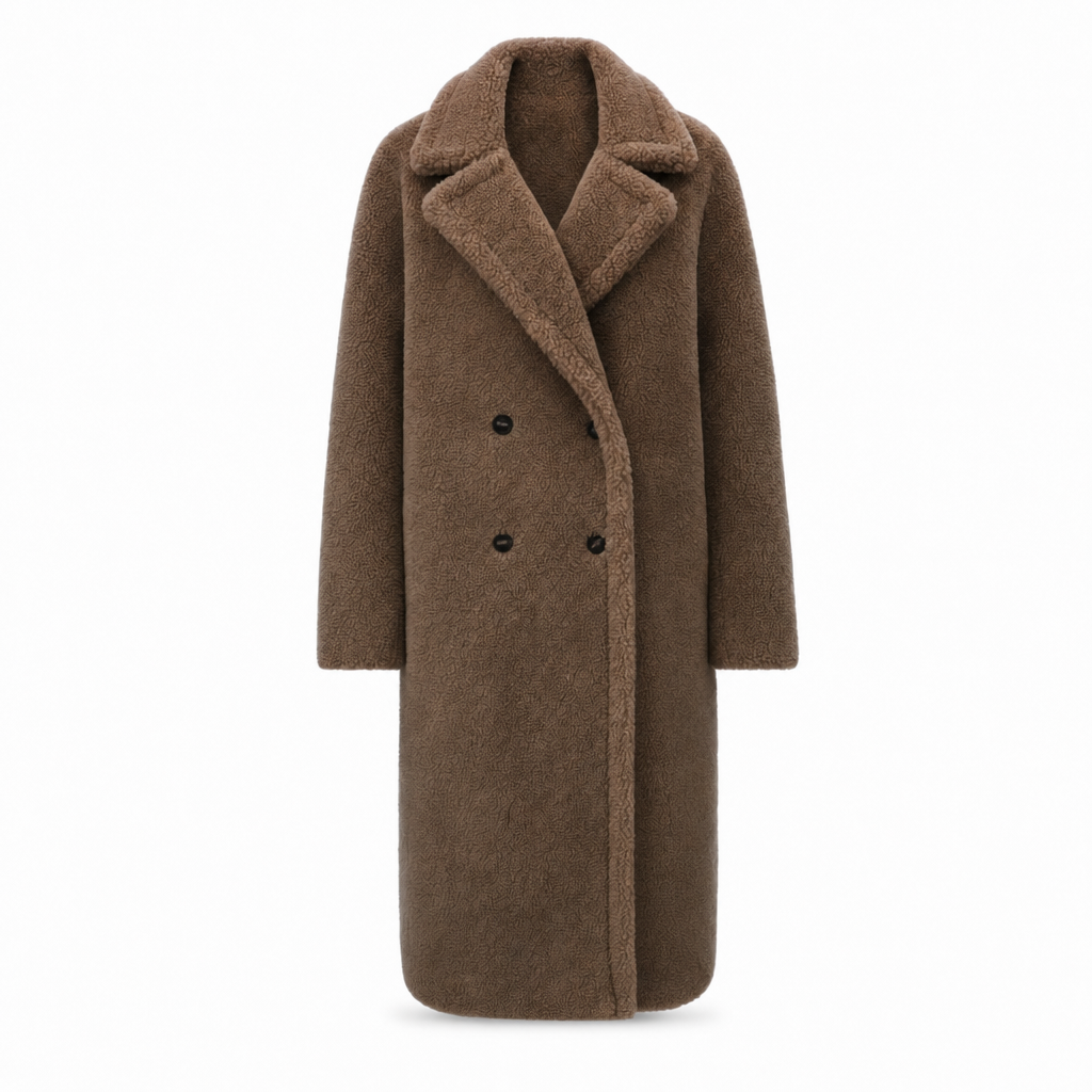 Lange teddy jas met dubbele knoopsluiting in bruin