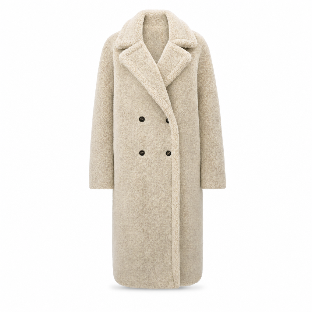 Lange teddy jas met dubbele knoopsluiting in beige