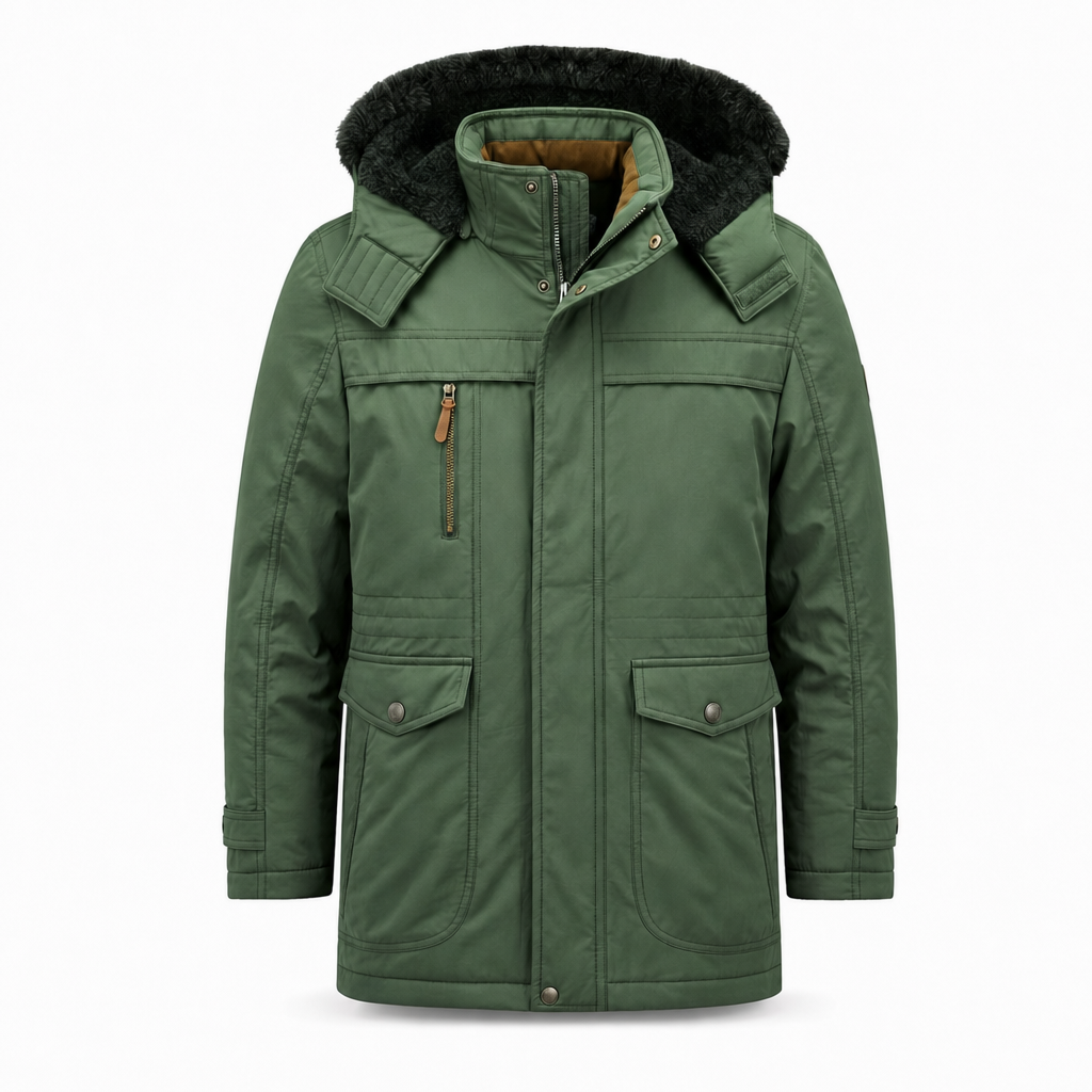 Heren winterjas met capuchon en bontrand in groen