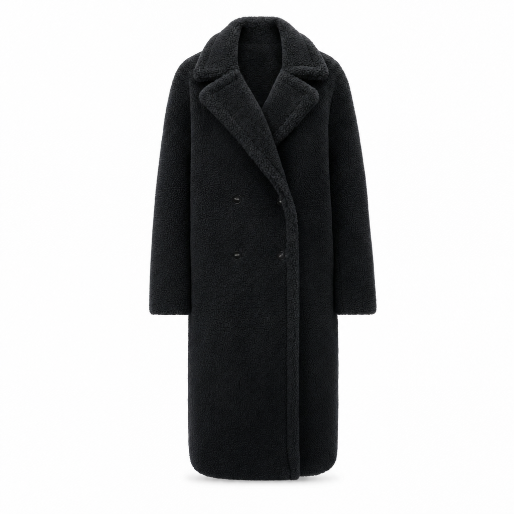 Lange teddy jas met dubbele knoopsluiting in zwart