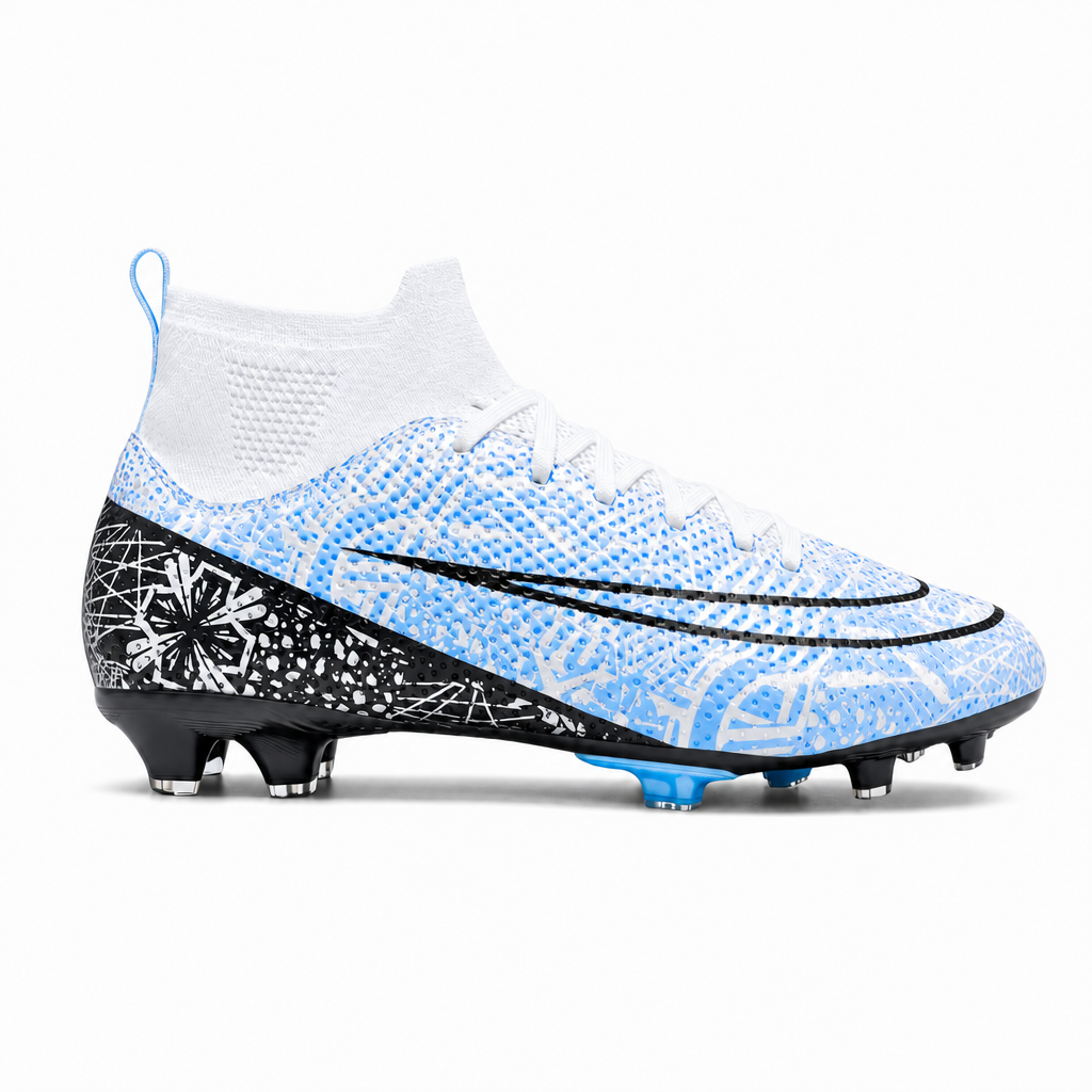 Hoge voetbalschoen met grip voor kunstgras in wit/blauw