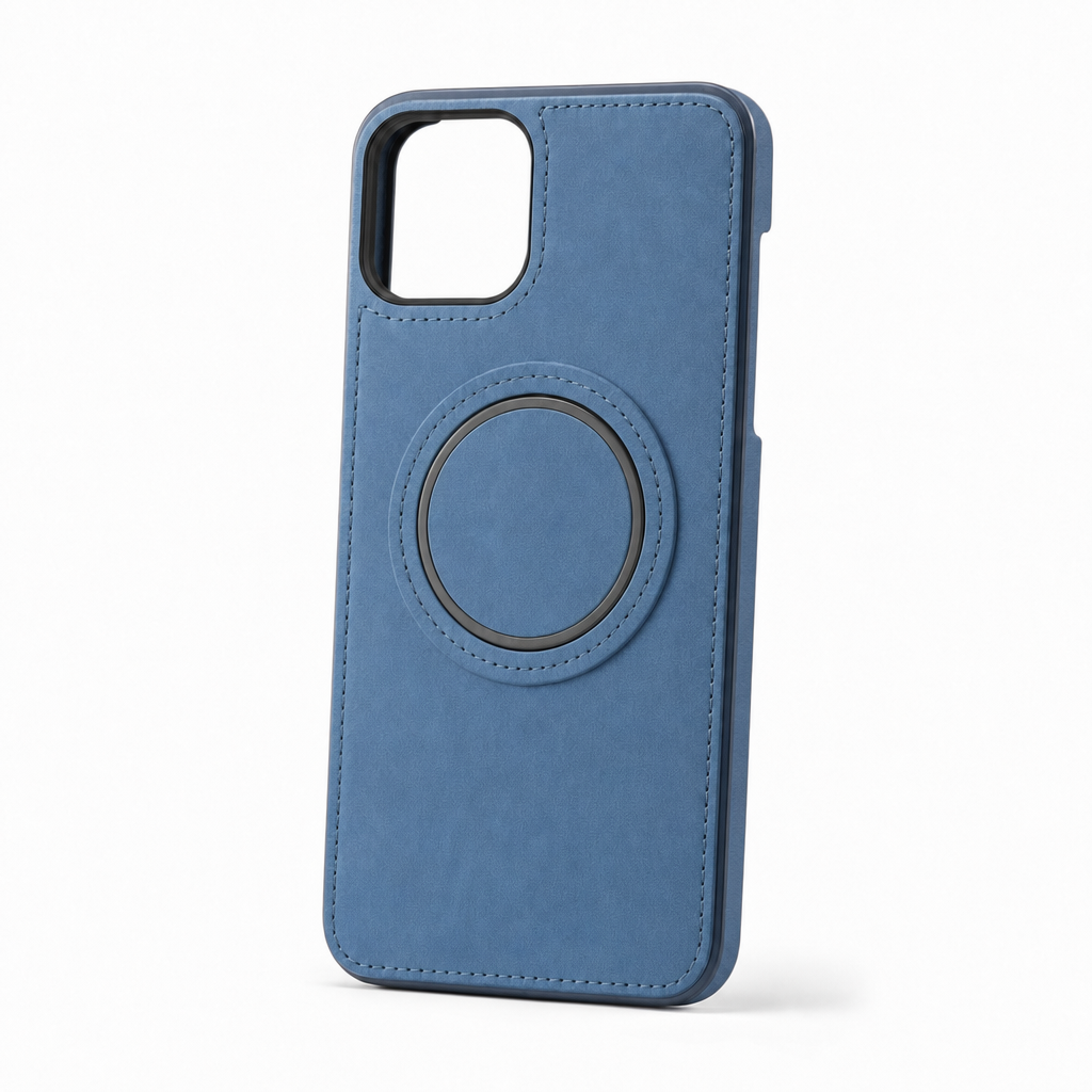 Leren iPhone-hoesje met magneetring in blauw