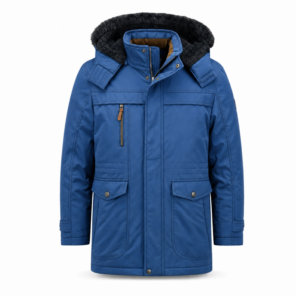 Heren winterjas met capuchon en bontrand in blauw