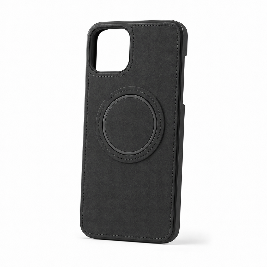 Leren iPhone-hoesje met magneetring in zwart
