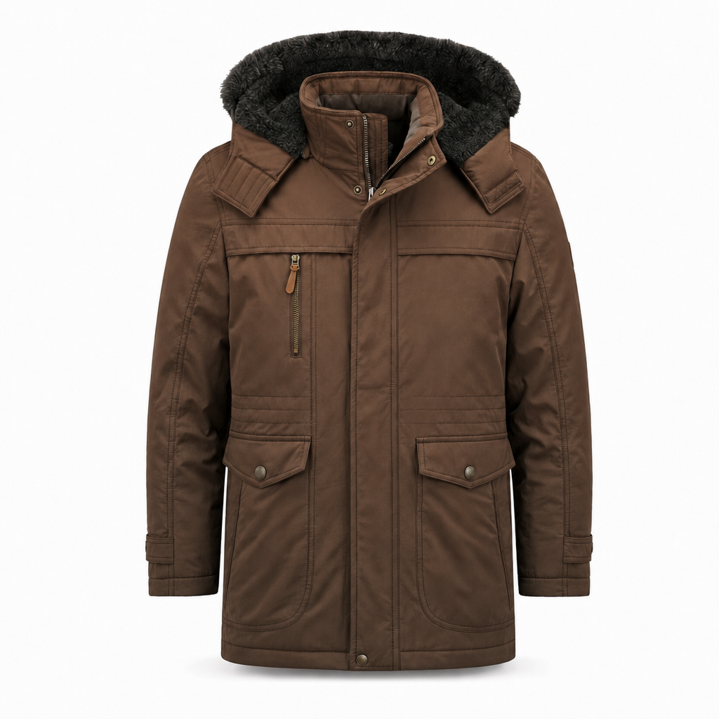 Heren winterjas met capuchon en bontrand in bruin