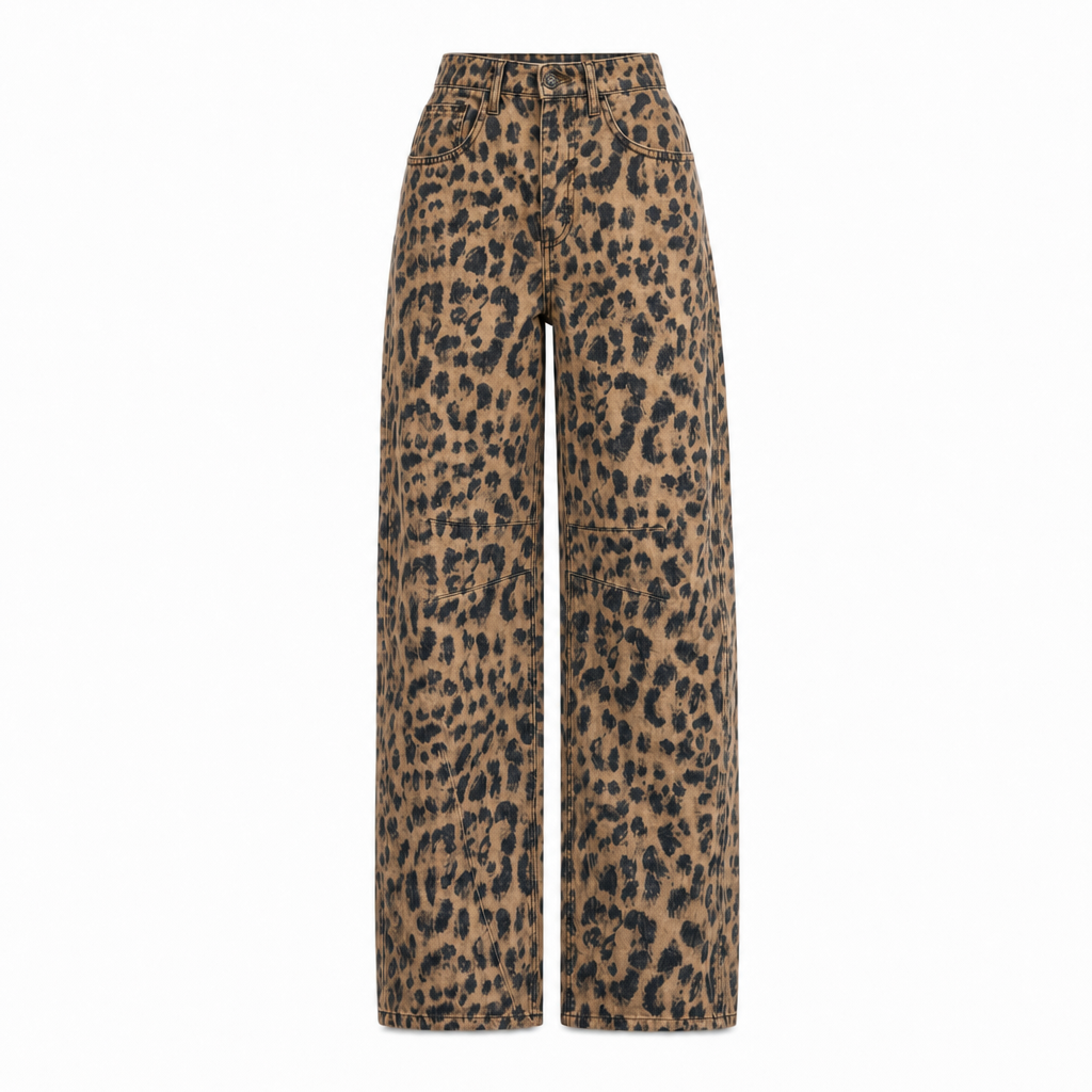Wide-leg jeans met hoge taille in luipaard