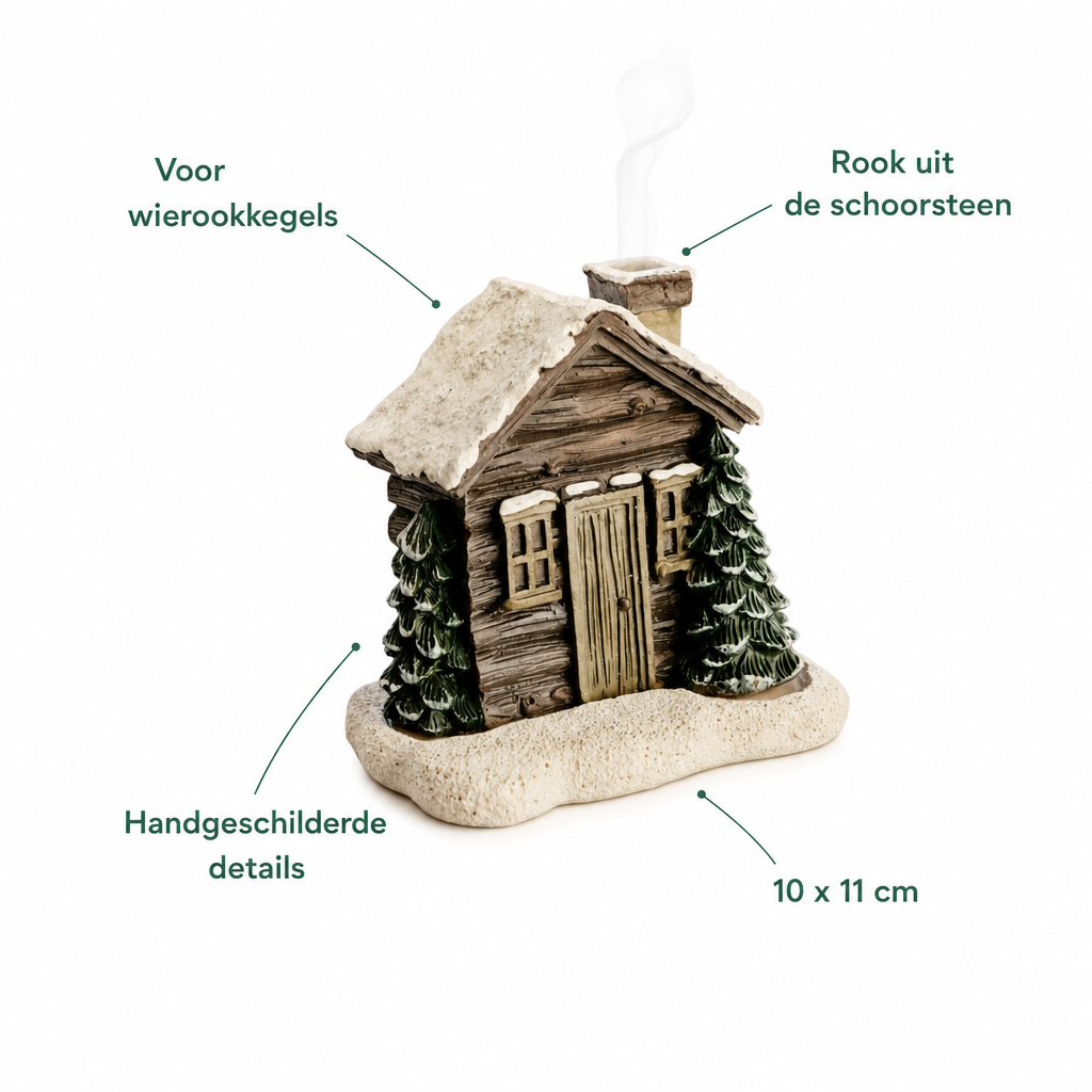 Kenmerken winterhuisje wierookhouder: voor wierookkegels, rook uit de schoorsteen, handgeschilderde details, 10 x 11 cm