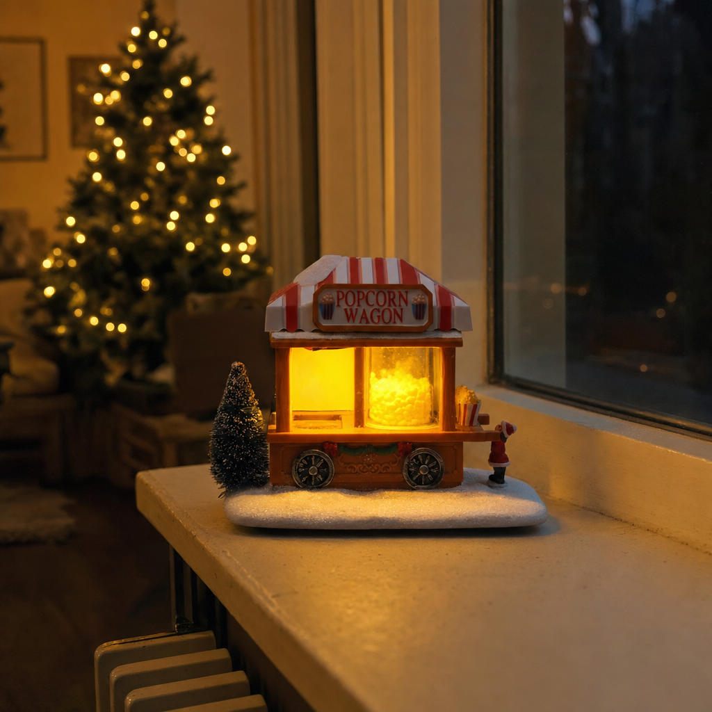 Kerstmarktkraam verlicht op een vensterbank