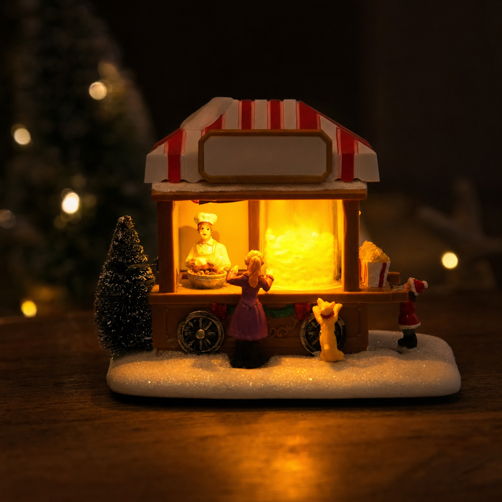Kerstmarktkraam met LED-verlichting aan in een donkere kamer