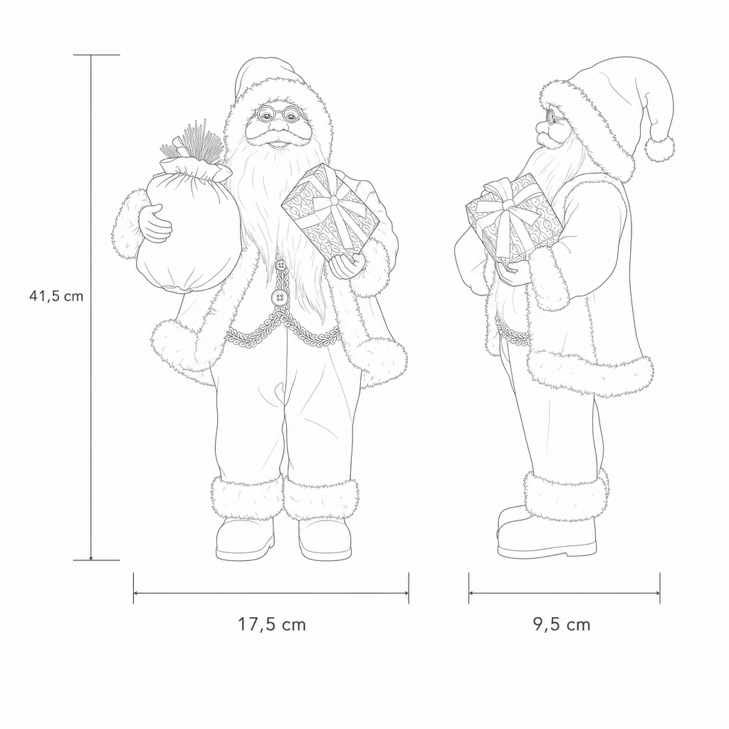 Technische tekening kerstman decoratiepop met afmetingen
