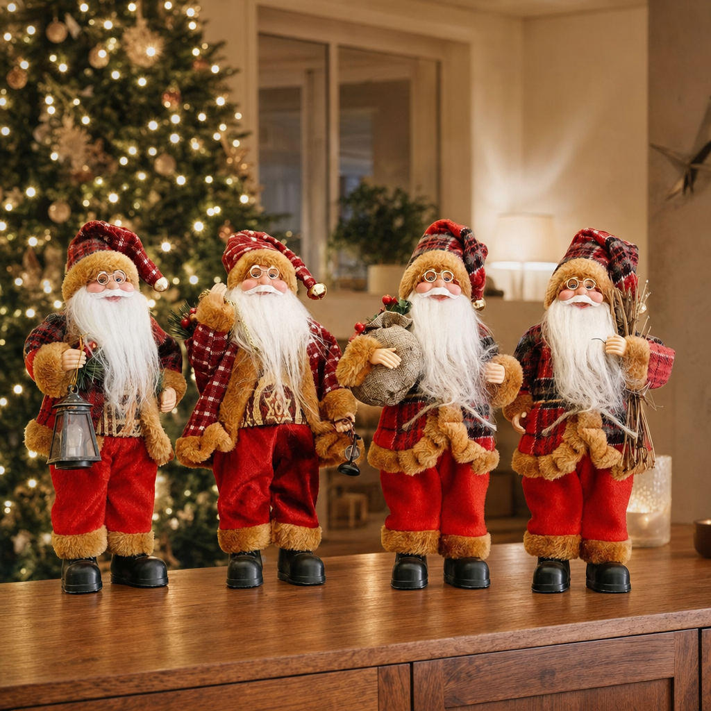 Kerstman decoratiepoppen op een dressoir in de woonkamer