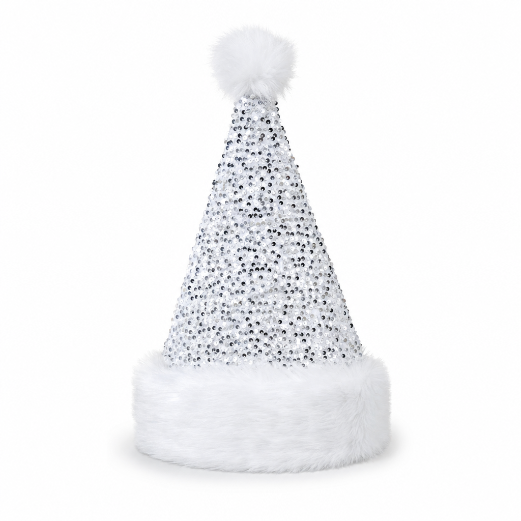 Kerstmuts met pailletten in wit