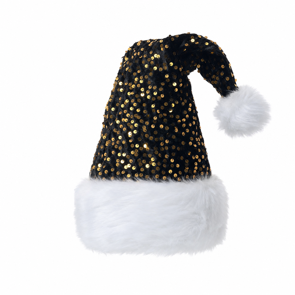 Kerstmuts met pailletten in zwart met gouden sterren