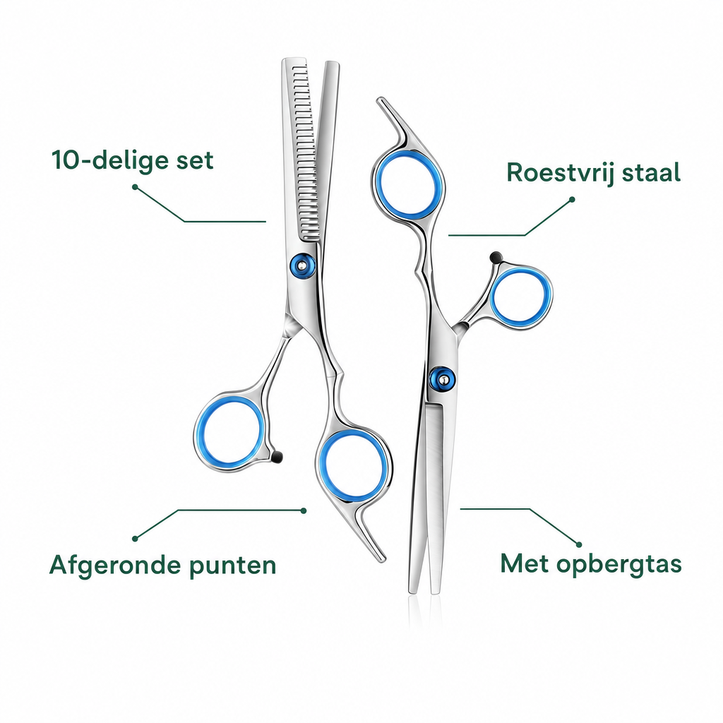 Kenmerken kappersset: 10-delige set, roestvrij staal, afgeronde punten, met opbergtas