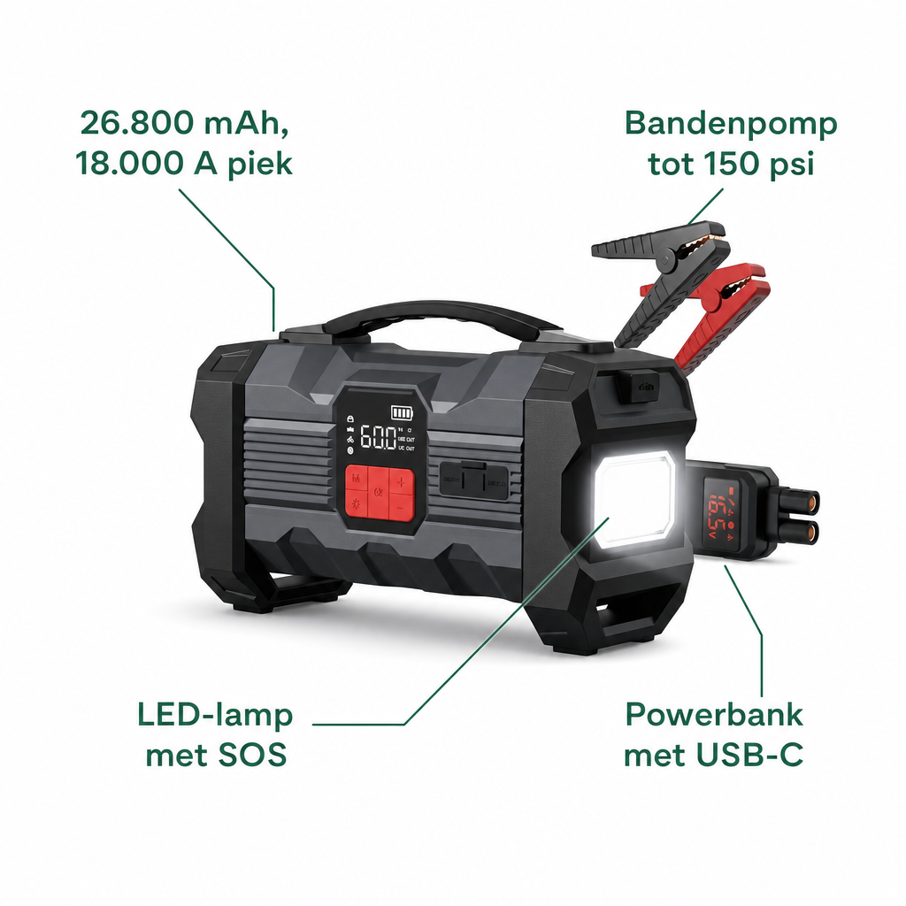 Kenmerken jumpstarter: 26.800 mAh en 18.000 A piek, bandenpomp tot 150 psi, LED-lamp met SOS, powerbank met USB-C