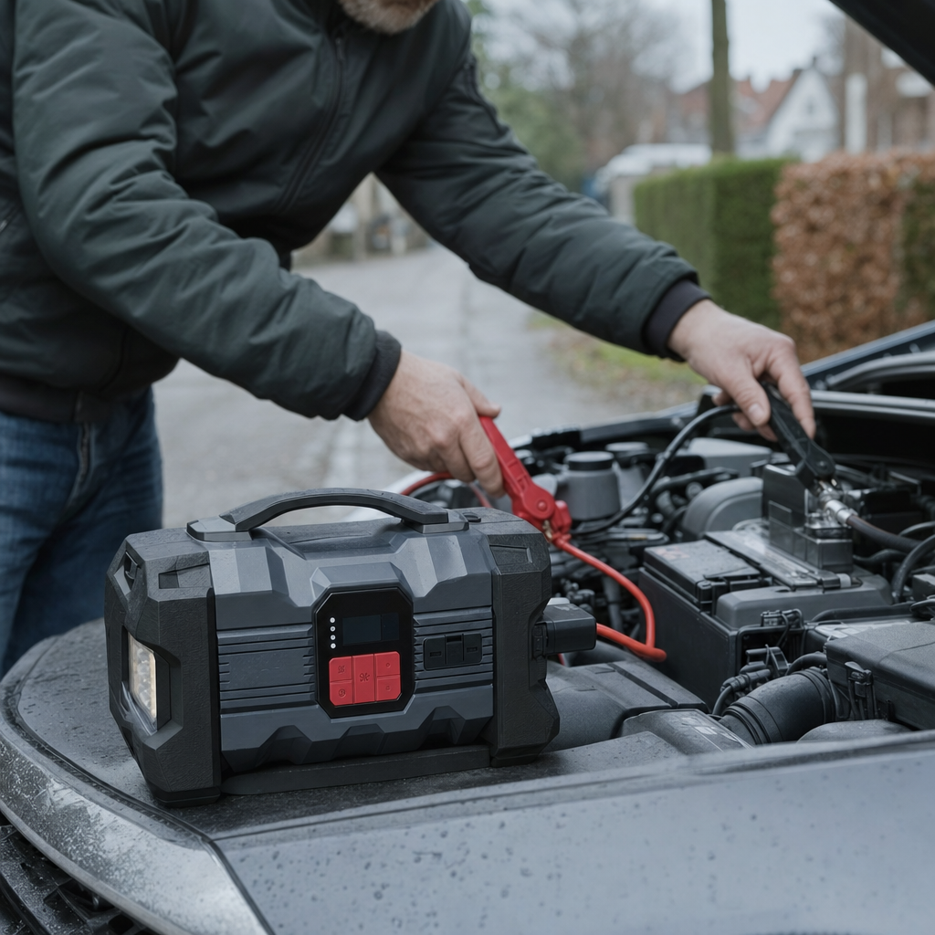 Jumpstarter aangesloten op een autoaccu op de oprit