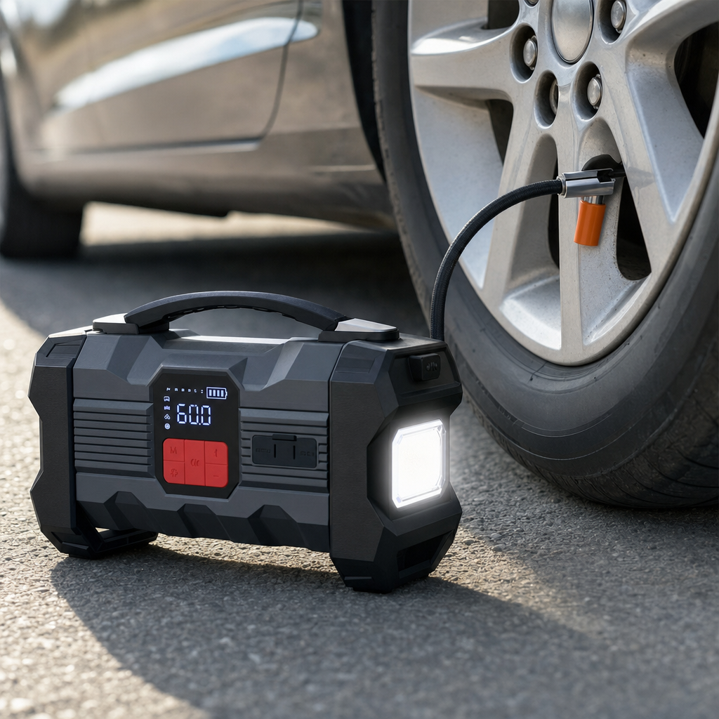 Jumpstarter in gebruik als bandenpomp