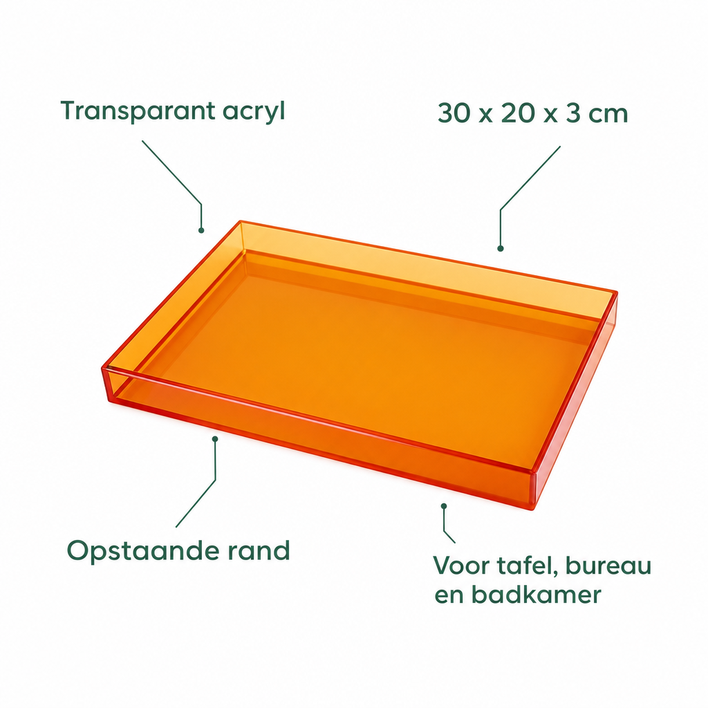 Kenmerken acryl dienblad: transparant acryl, 30 x 20 x 3 cm, opstaande rand, voor tafel, bureau en badkamer