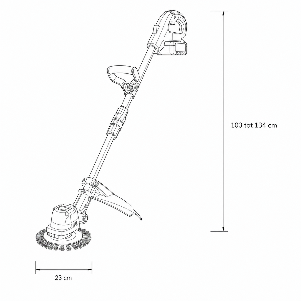 Technische tekening grastrimmer met afmetingen