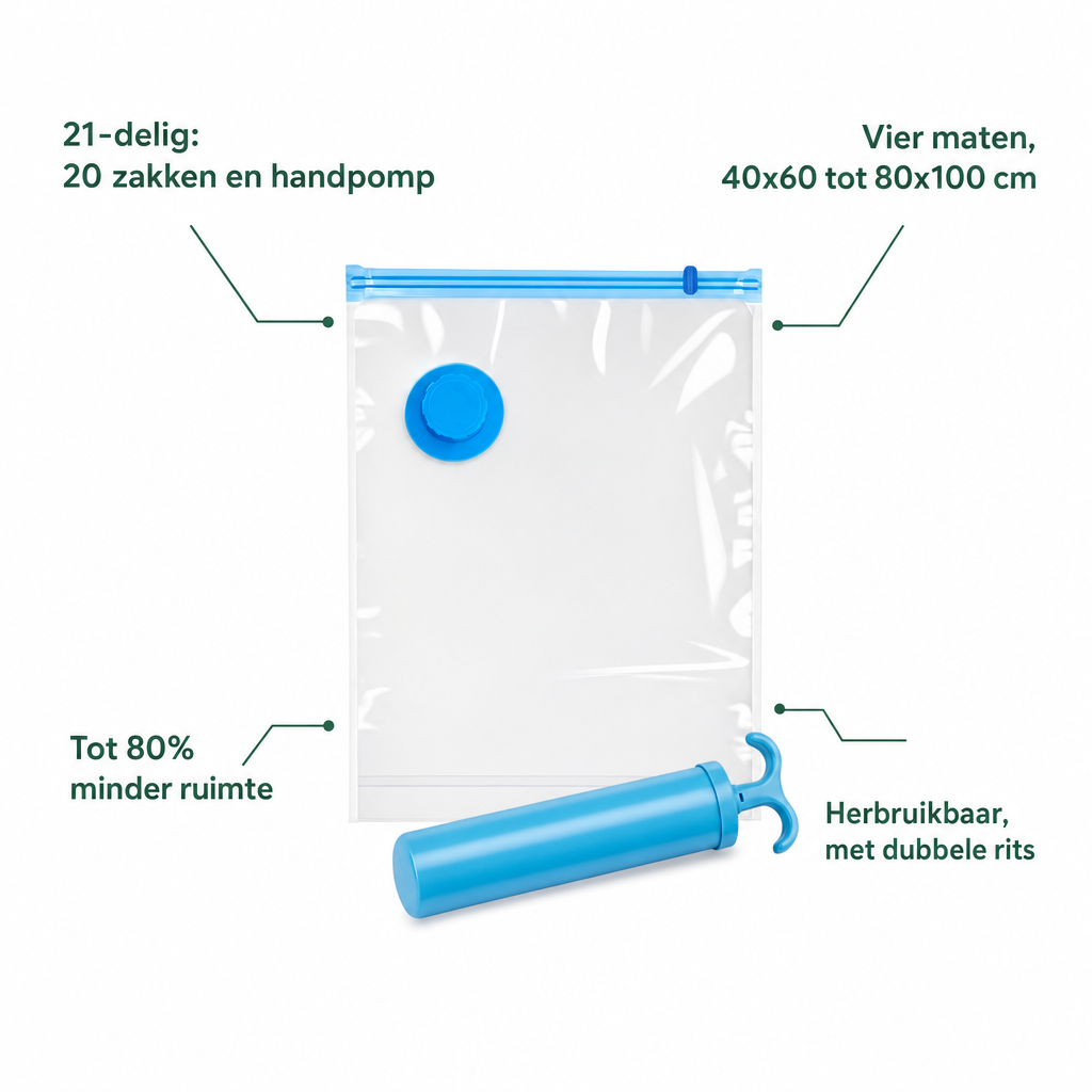 Kenmerken vacuümzakken: 21-delig, vier maten van 40x60 tot 80x100 cm, tot 80% minder ruimte, herbruikbaar met dubbele rits