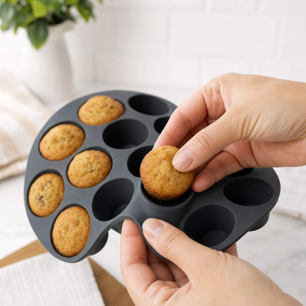 Mini muffin uit de soepele siliconen vorm drukken