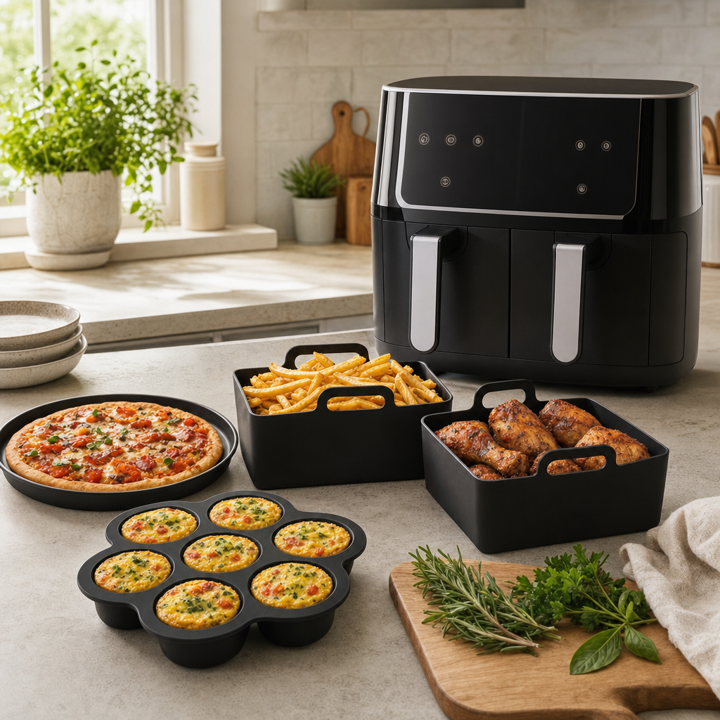 Siliconen manden, pizzaplaat en vorm voor egg bites bij een dual-zone airfryer in de keuken