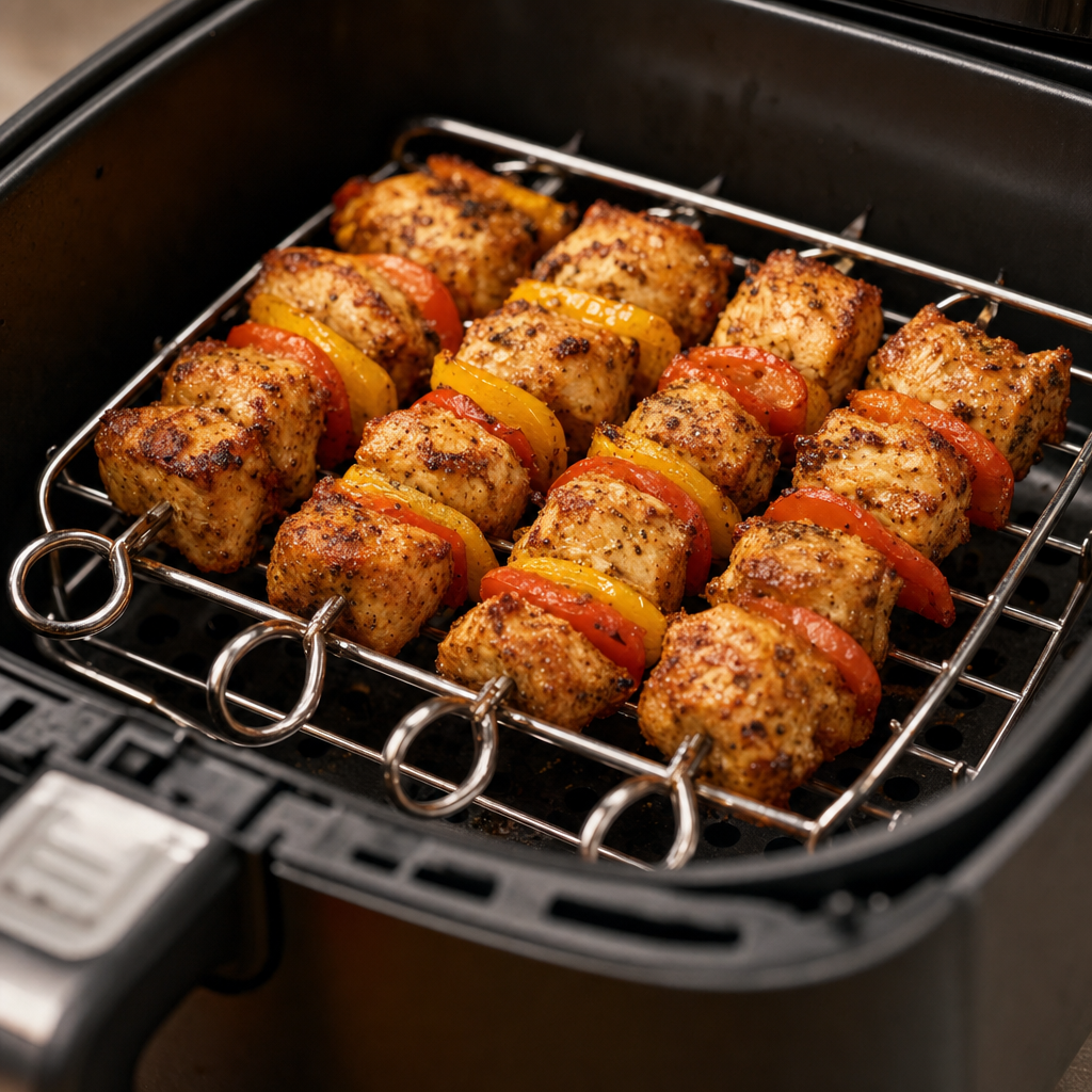 Close-up van het spiesrek met vier spiesen in de airfryer