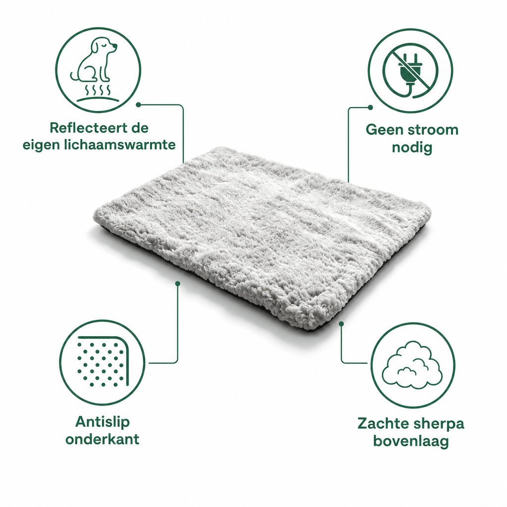 Kenmerken zelfverwarmende mat: reflecteert lichaamswarmte, geen stroom nodig, antislip onderkant, zachte sherpa bovenlaag