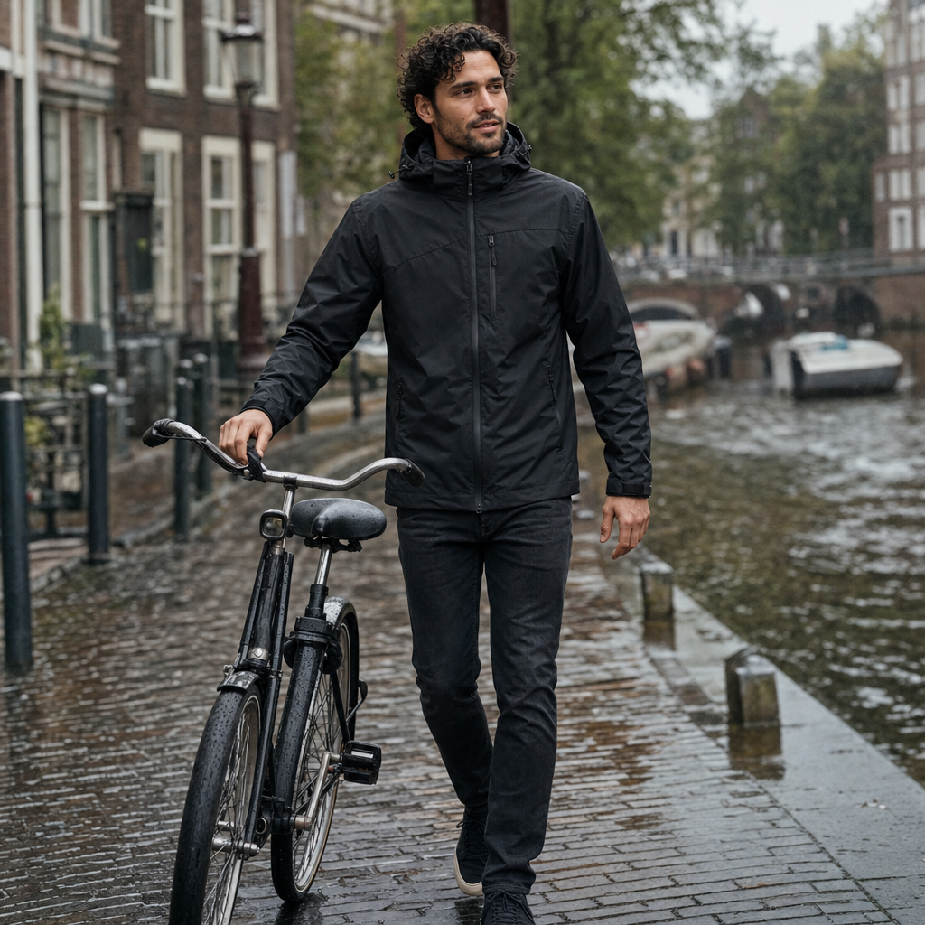 Heren outdoorjack in zwart, gedragen met de fiets langs de gracht