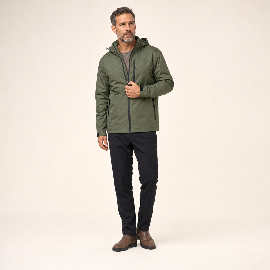Heren outdoorjack in legergroen op model in de studio