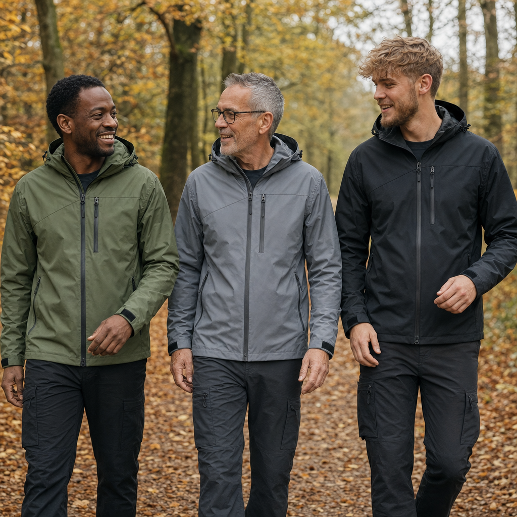Drie mannen in het outdoorjack in legergroen, grijs en zwart tijdens een boswandeling