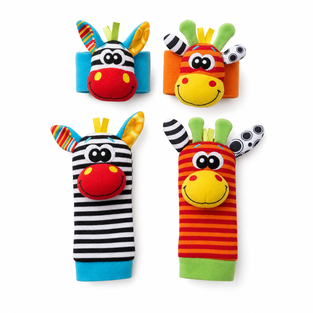 Babyrammelaars set van 4: twee polsrammelaars en twee rammelsokken, zebra en giraf