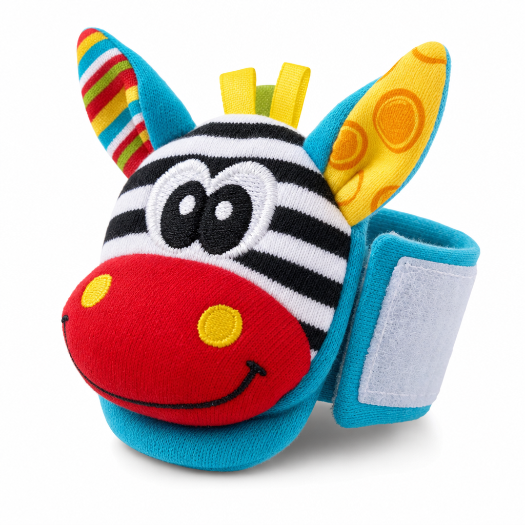 Close-up van de zebra polsrammelaar met geborduurde oogjes en klittenbandsluiting