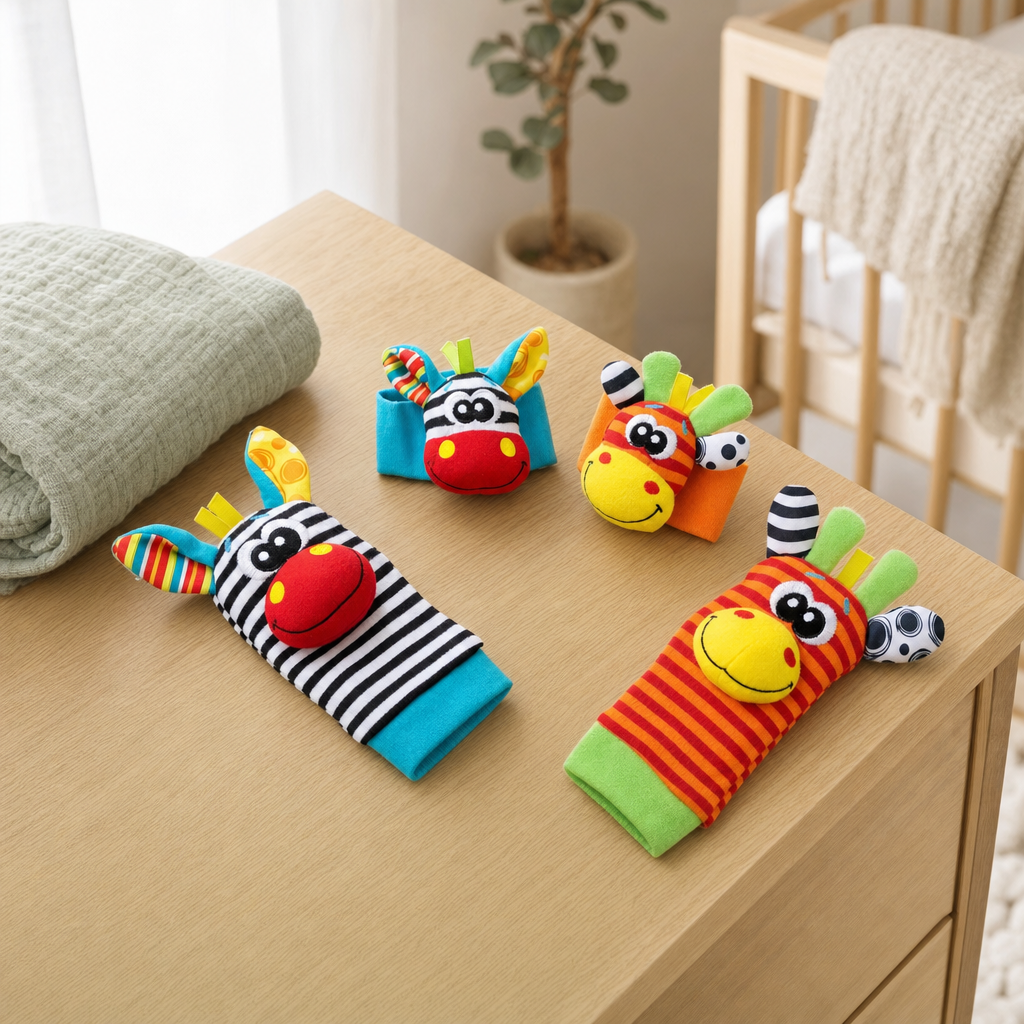 Rammelaars en rammelsokken op de commode in de babykamer