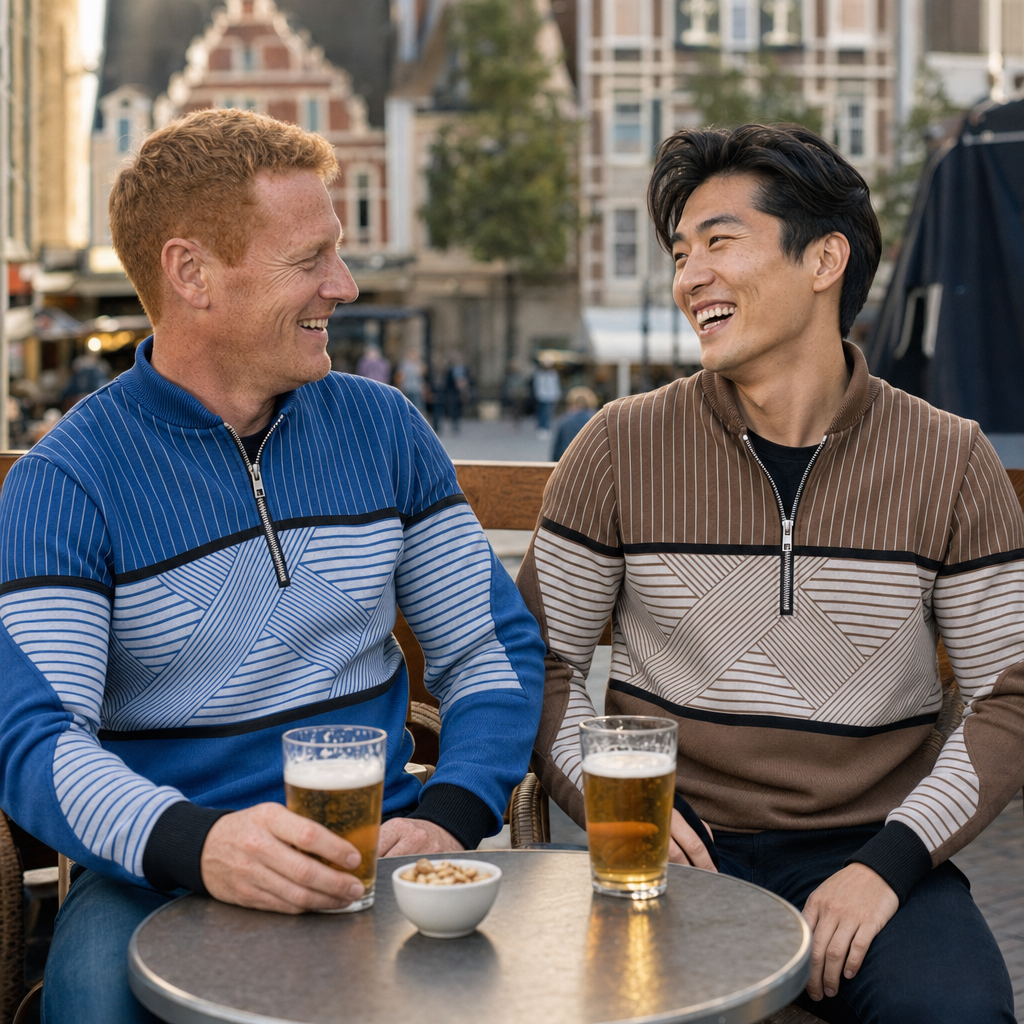 De trui in blauw en bruin op een terras op de markt