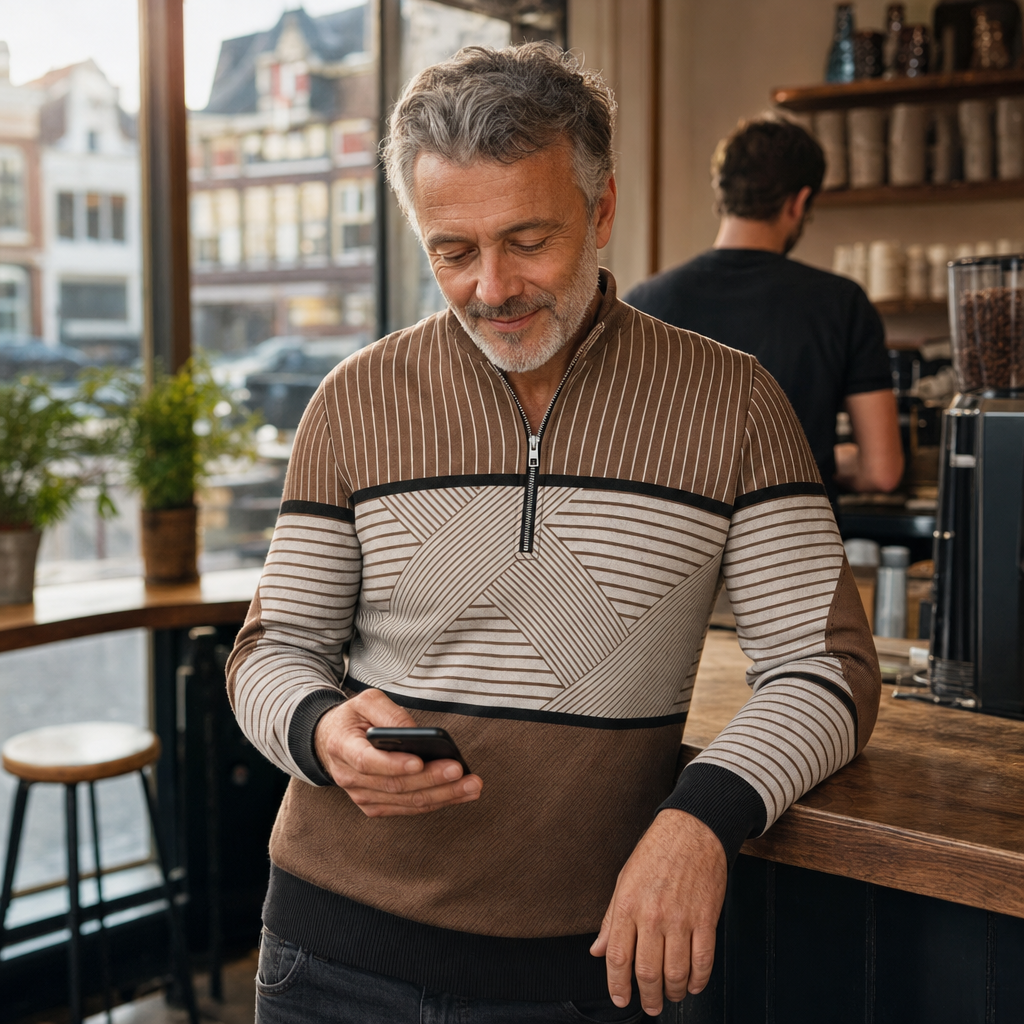 Heren trui met halve rits in bruin, gedragen in een koffiebar