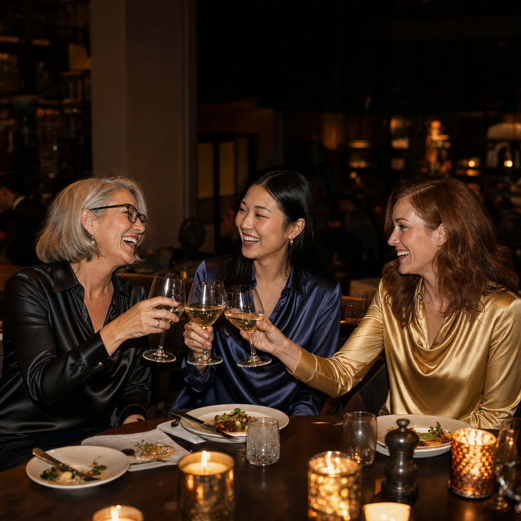 Drie vriendinnen in de satijnen blouse in zwart, donkerblauw en goud tijdens een diner