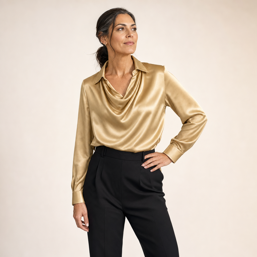 Satijnen blouse met gedrapeerde hals in goud op model in de studio