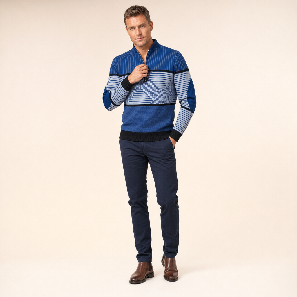 Heren trui met opstaande kraag in blauw op model in de studio