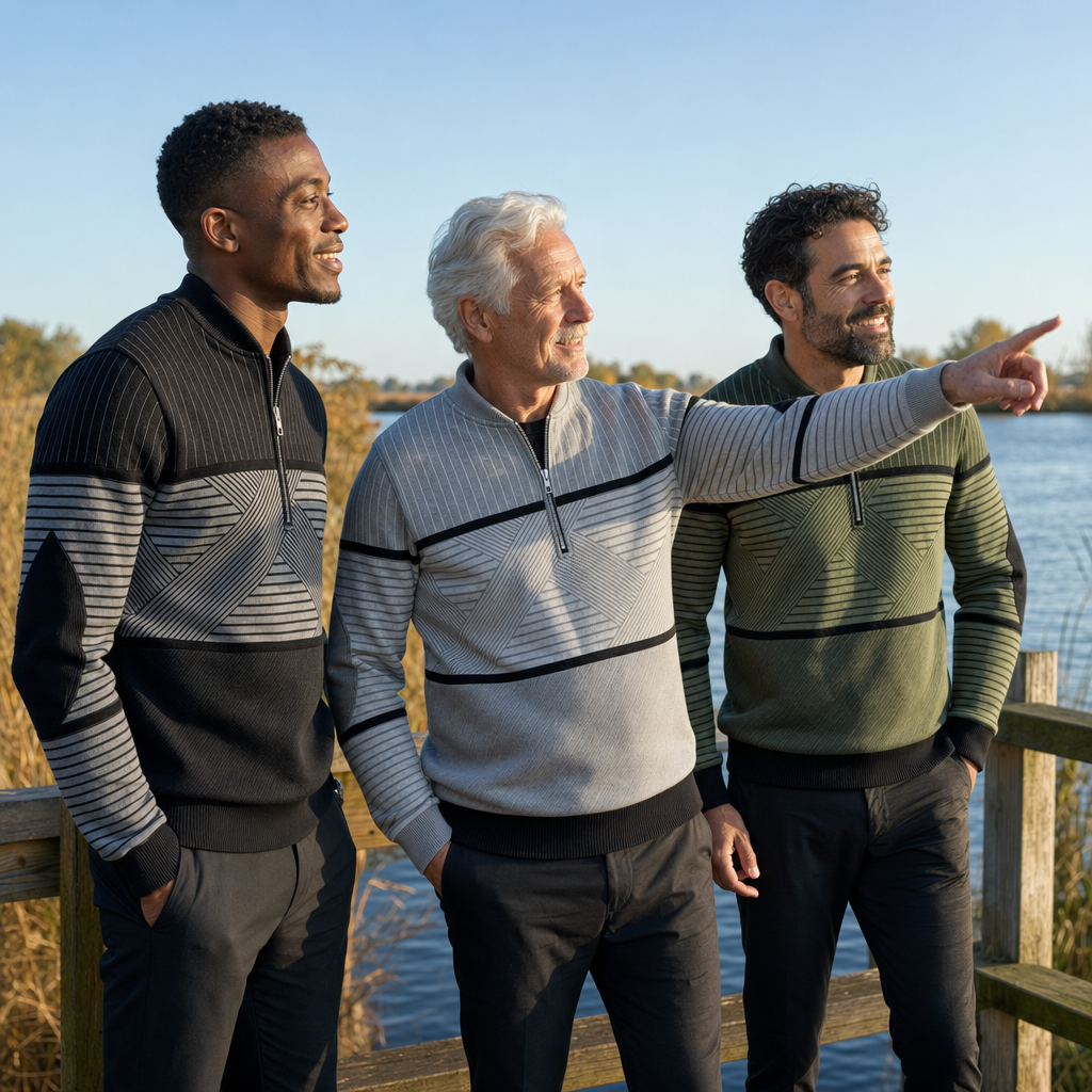 Drie mannen in de trui in zwart, grijs en groen op een steiger aan het water