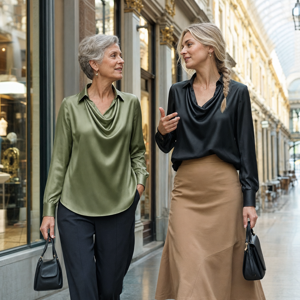 De satijnen blouse in olijfgroen en zwart in een winkelpassage