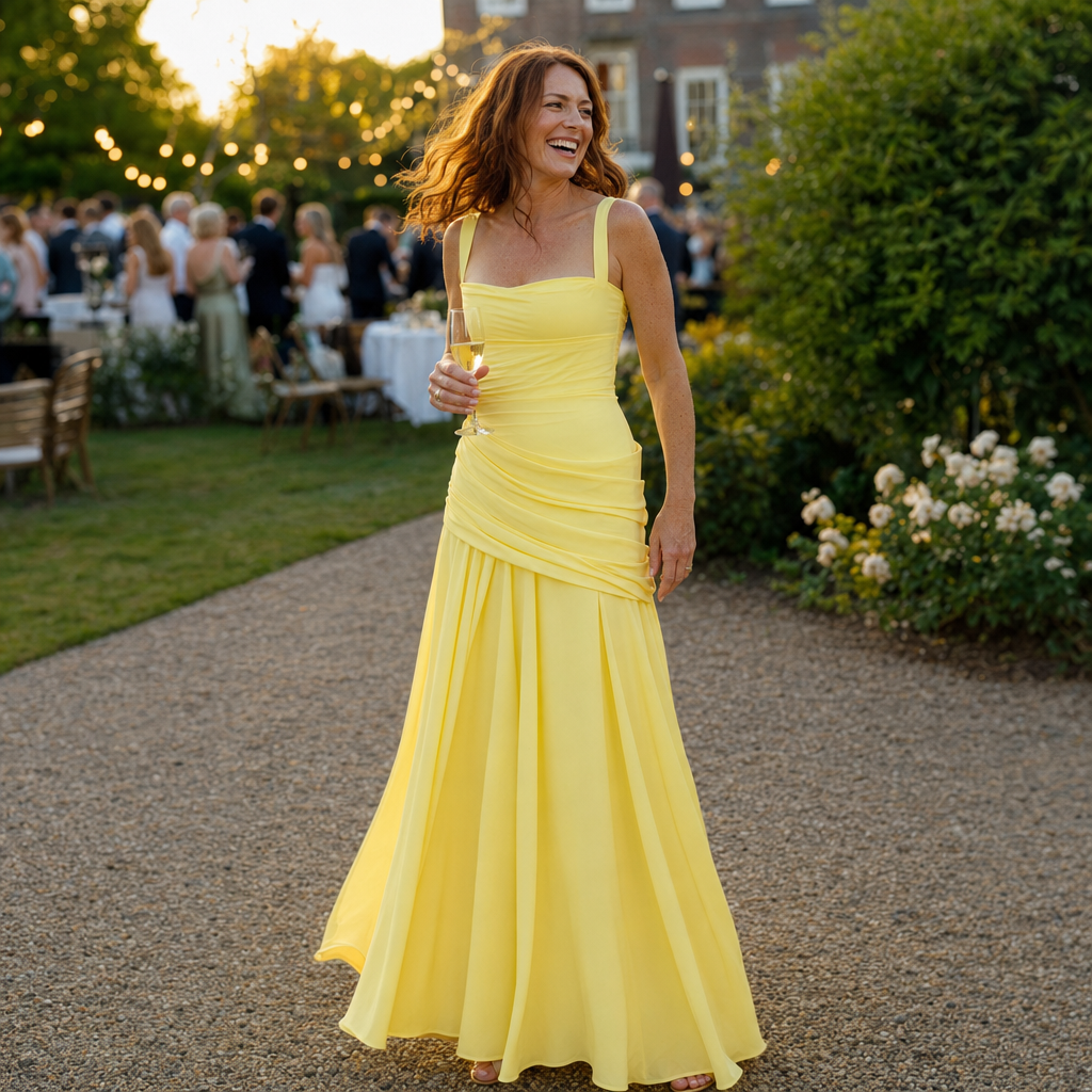 Chiffon maxi-jurk in citroengeel op een tuinbruiloft