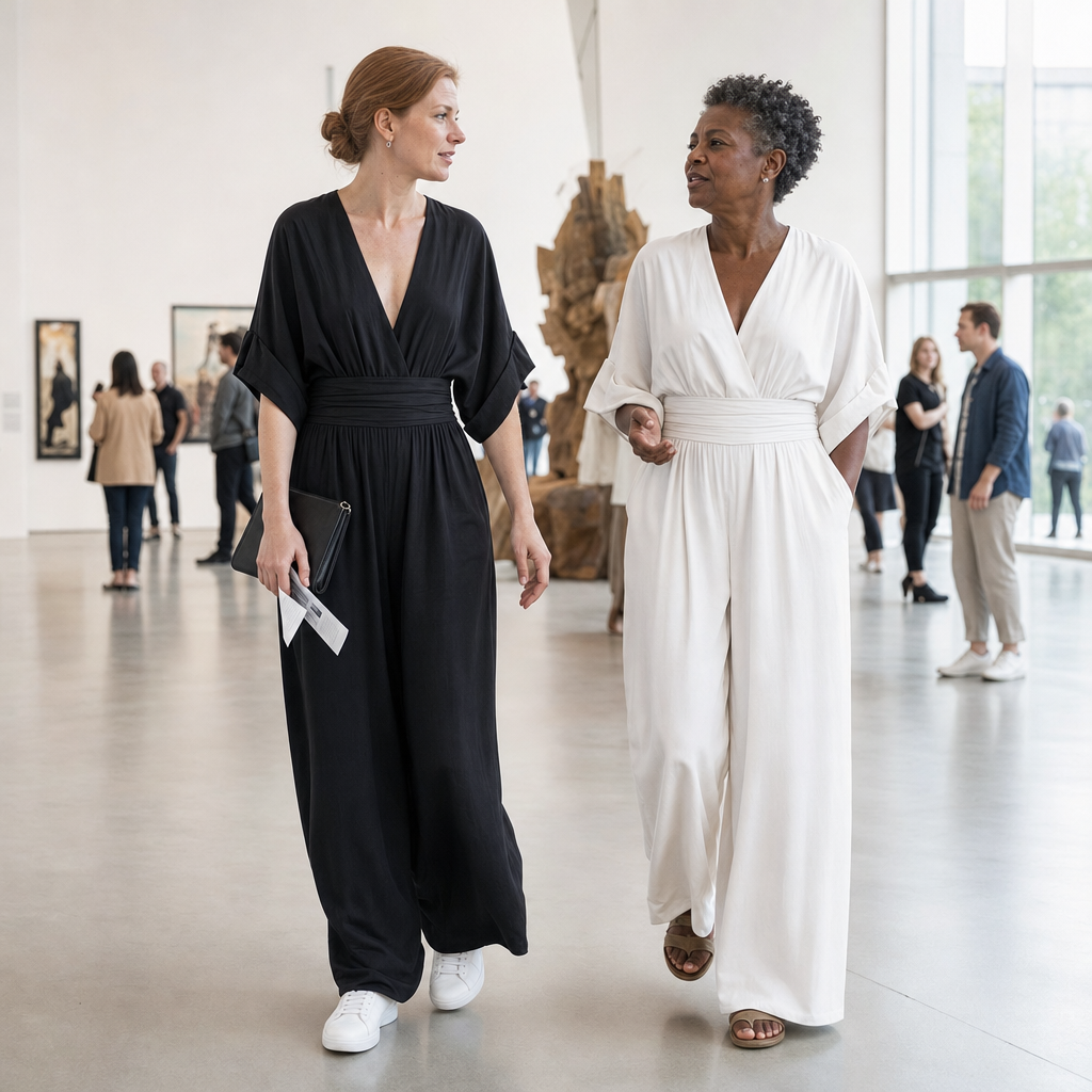 De jumpsuit in zwart en wit in een museum