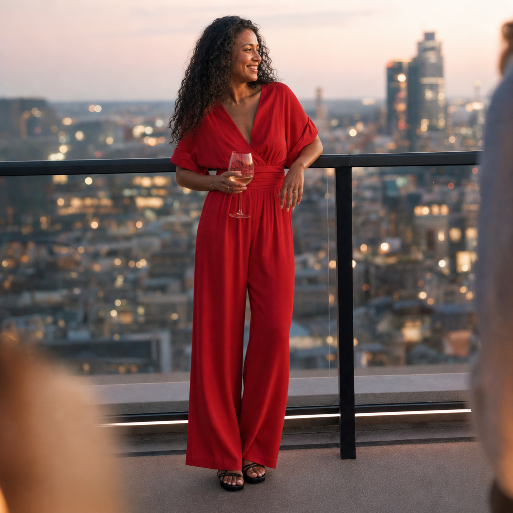 Jumpsuit in rood, gedragen op een rooftopbar