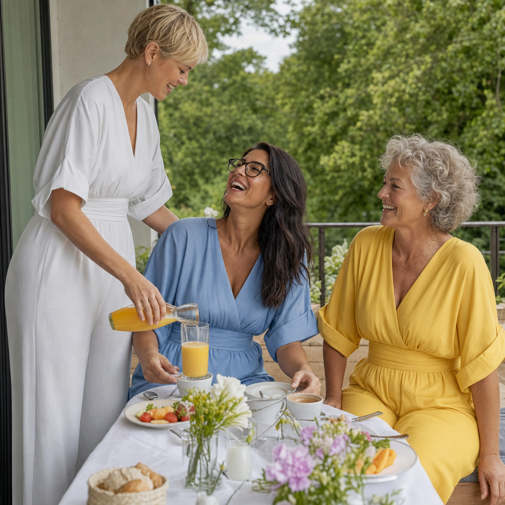 De jumpsuit in wit, blauw en geel tijdens een brunch