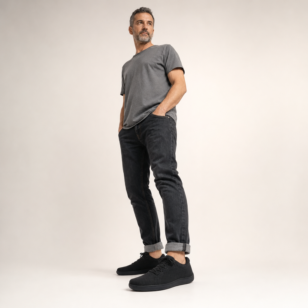 Barefoot sneakers in zwart op mannelijk model in de studio