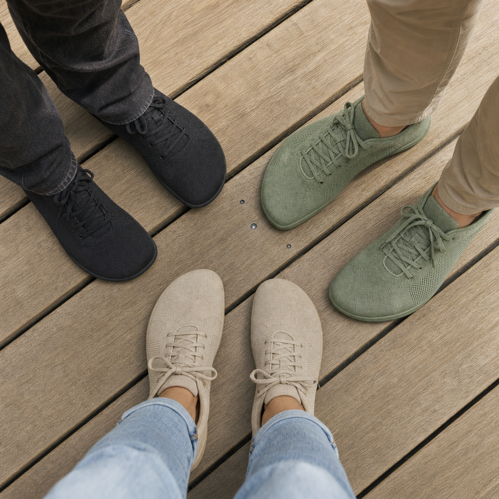 Barefoot sneakers in zwart, groen en beige van bovenaf