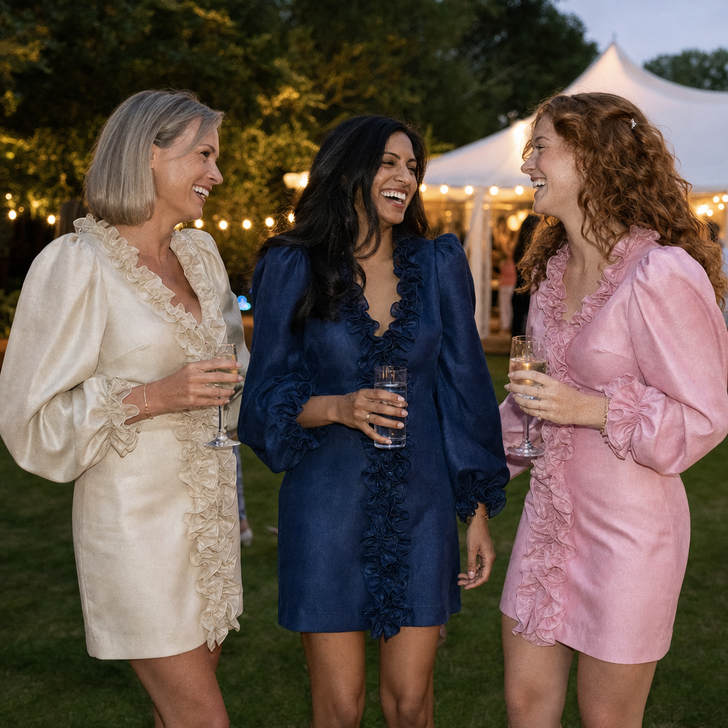 De mini-jurk in beige, marineblauw en roze op een tuinfeest