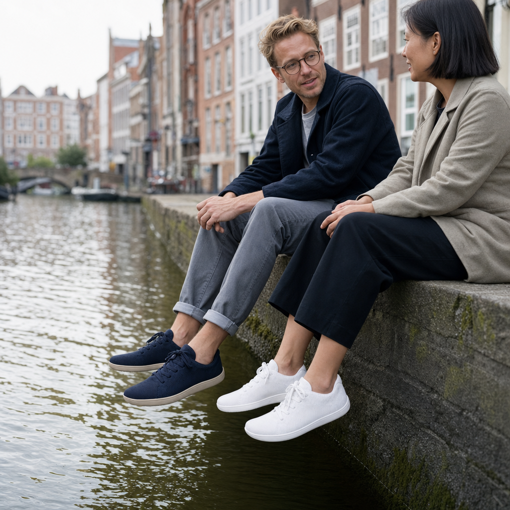 Barefoot sneakers in donkerblauw en wit aan de gracht